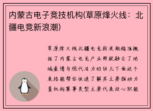 内蒙古电子竞技机构(草原烽火线：北疆电竞新浪潮)